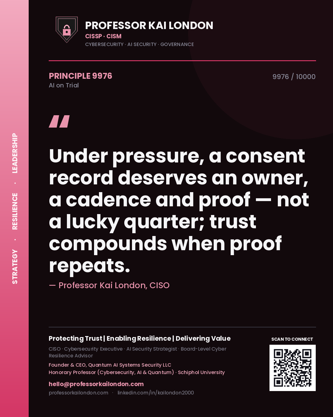 Quote card by Professor Kai London reading 'Under pressure, a consent record deserves an owner, a cadence and proof — not a lucky quarter; trust compounds when proof repeats.'. From the book AI on Trial.