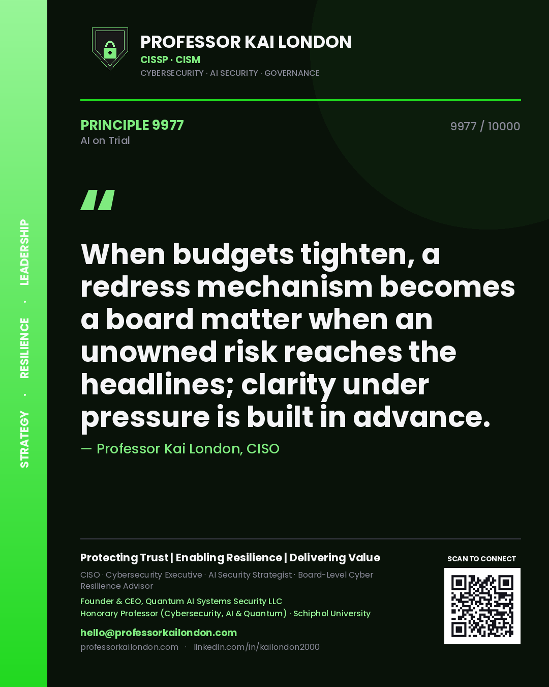 Quote card by Professor Kai London reading 'When budgets tighten, a redress mechanism becomes a board matter when an unowned risk reaches the headlines; clarity under pressure is built in advance.'. From the book AI on Trial.