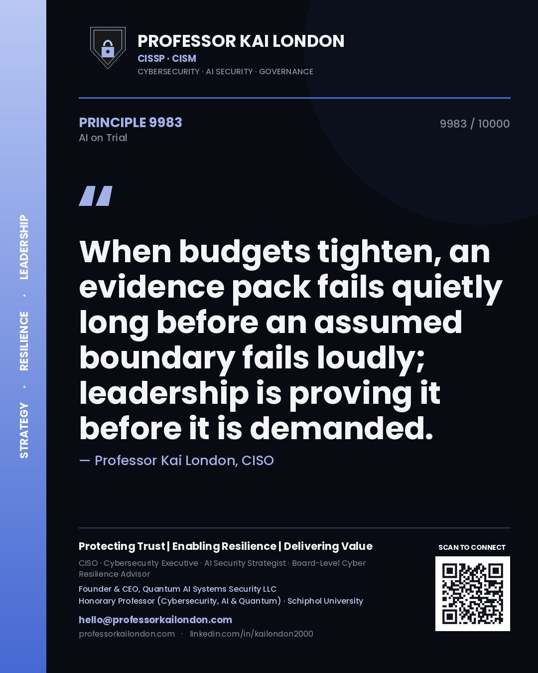 Quote card by Professor Kai London reading 'When budgets tighten, an evidence pack fails quietly long before an assumed boundary fails loudly; leadership is proving it before it is demanded.'. From the book AI on Trial.