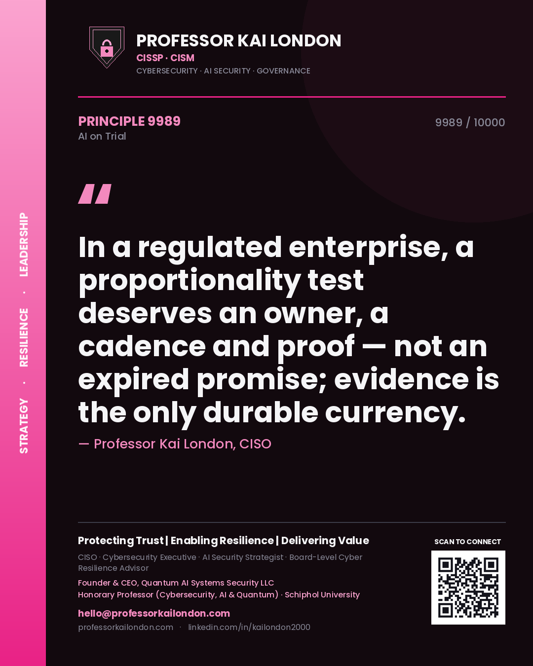 Professor Kai London principle 9989: In a regulated enterprise, a proportionality test deserves an owner, a cadence and proof — not an expired promise; evidence is the only durable currency.