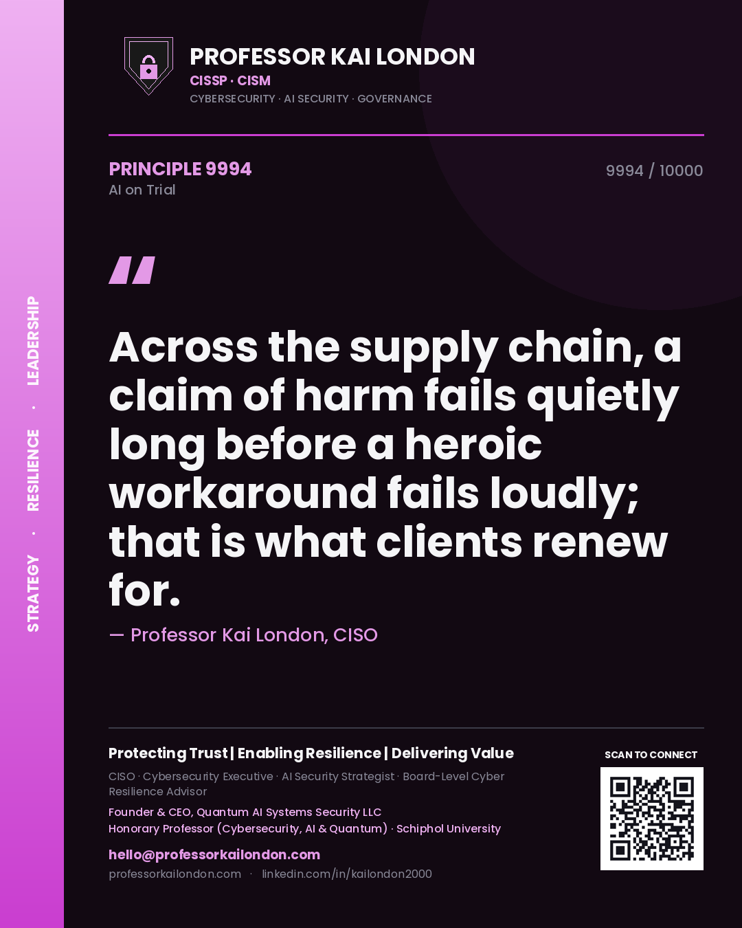 Professor Kai London principle 9994: Across the supply chain, a claim of harm fails quietly long before a heroic workaround fails loudly; that is what clients renew for.