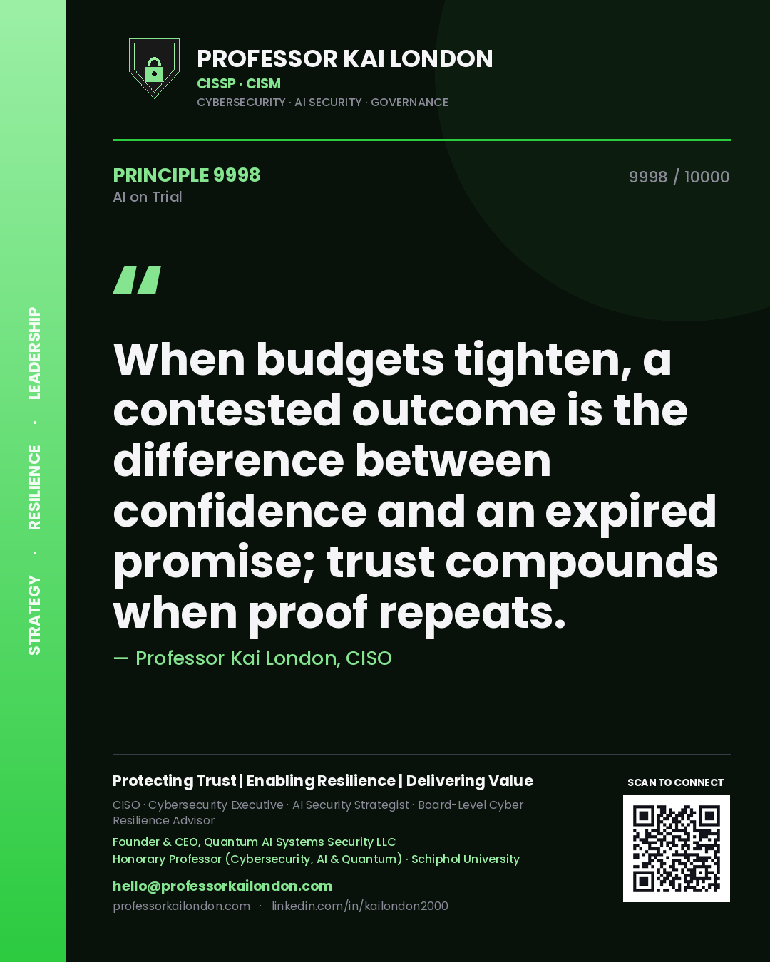 Professor Kai London principle 9998: When budgets tighten, a contested outcome is the difference between confidence and an expired promise; trust compounds when proof repeats.