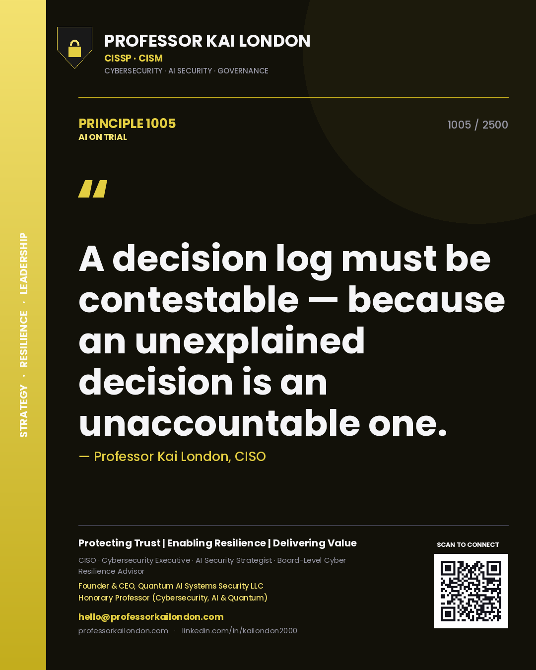 Quote card by Professor Kai London reading 'A decision log must be contestable — because an unexplained decision is an unaccountable one.'. From the book AI on Trial.
