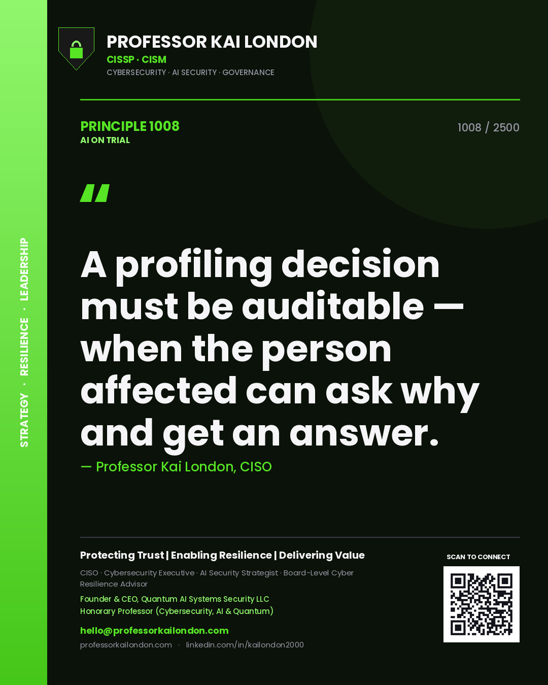Professor Kai London principle 1008: A profiling decision must be auditable — when the person affected can ask why and get an answer.