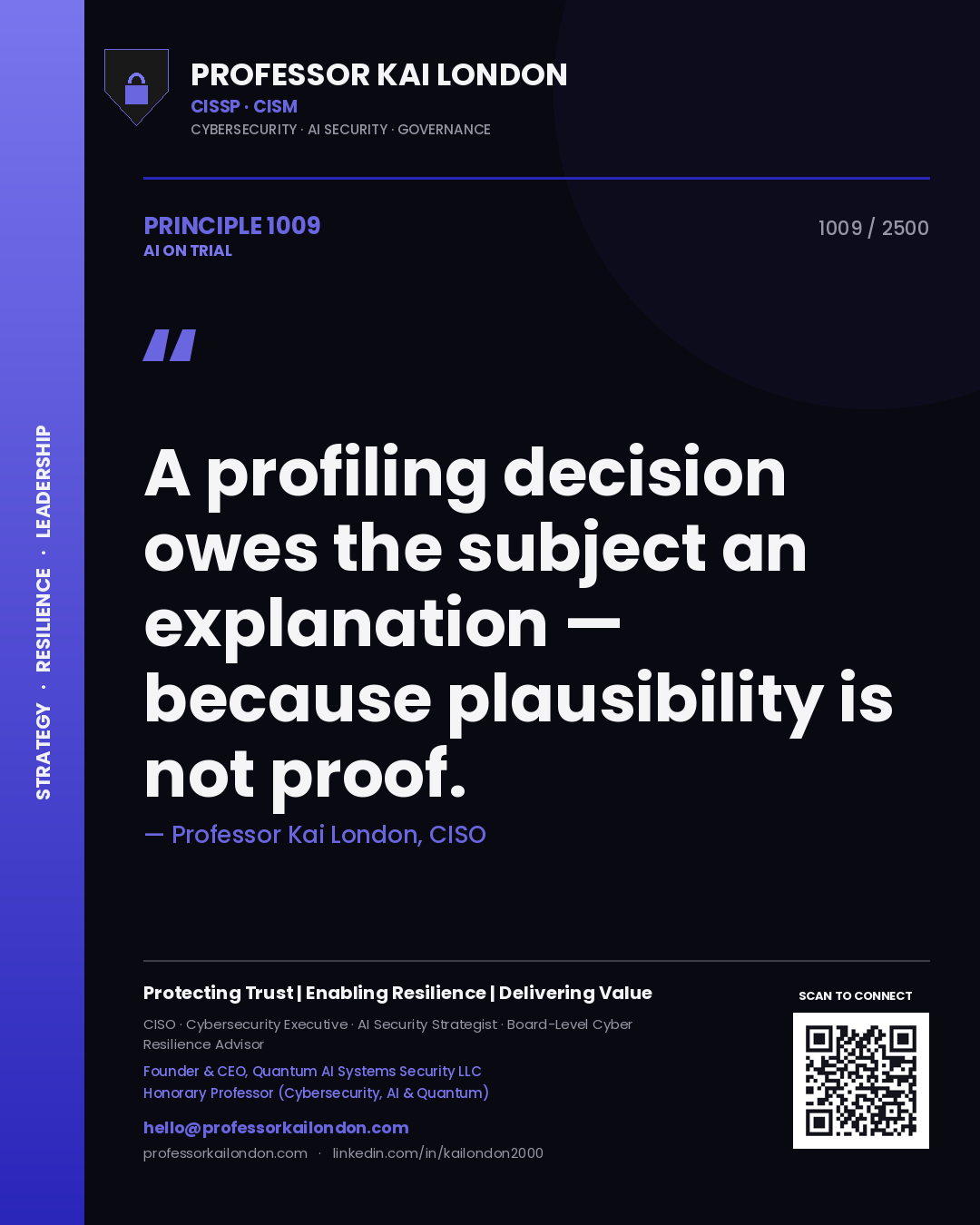 Quote card by Professor Kai London reading 'A profiling decision owes the subject an explanation — because plausibility is not proof.'. From the book AI on Trial.