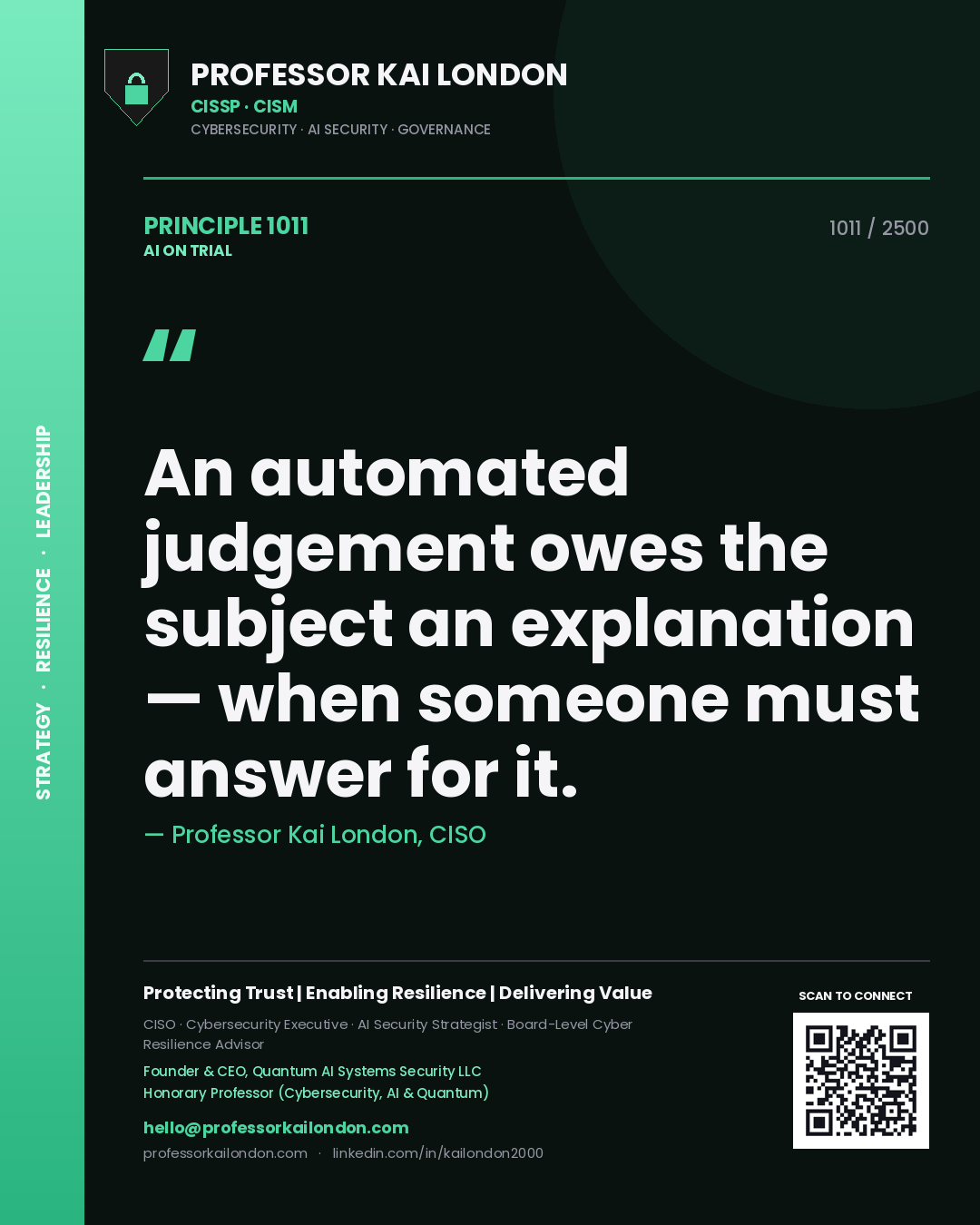 Professor Kai London principle 1011: An automated judgement owes the subject an explanation — when someone must answer for it.