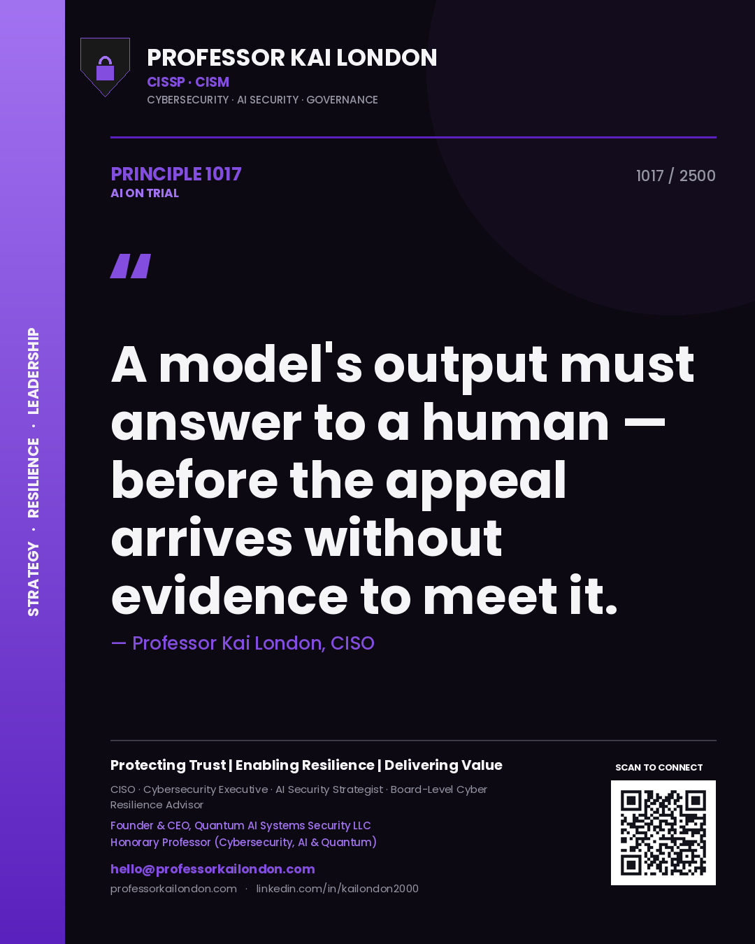 Professor Kai London principle 1017: A model's output must answer to a human — before the appeal arrives without evidence to meet it.
