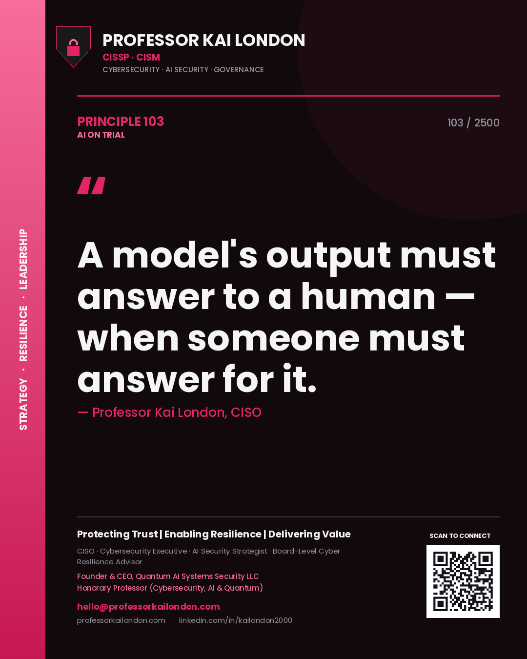 Quote card by Professor Kai London reading 'A model's output must answer to a human — when someone must answer for it.'. From the book AI on Trial.