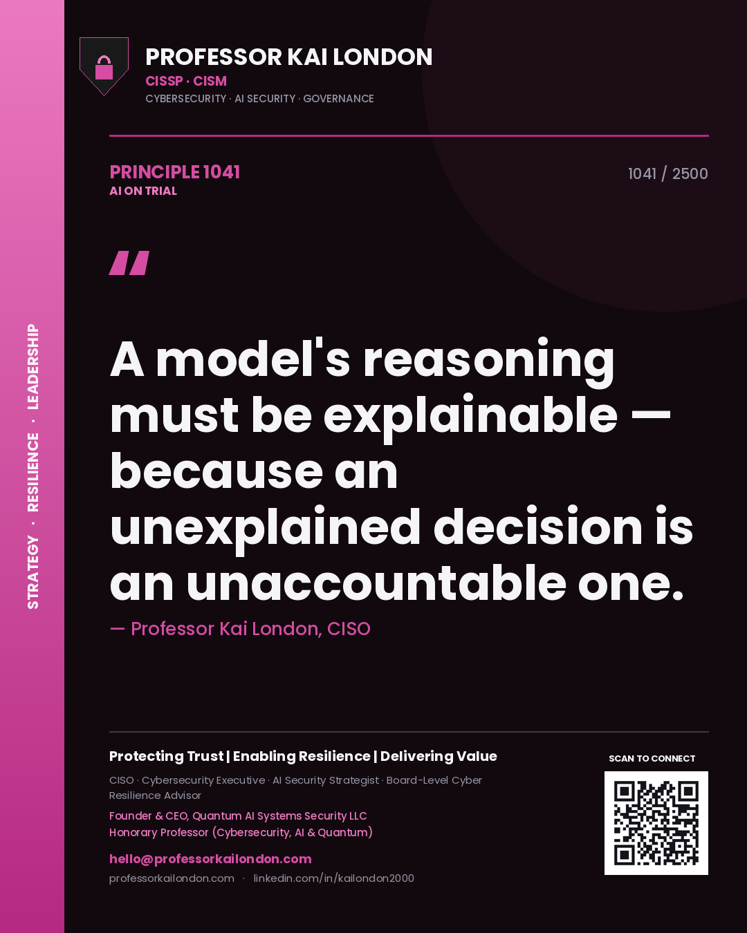 Quote card by Professor Kai London reading 'A model's reasoning must be explainable — because an unexplained decision is an unaccountable one.'. From the book AI on Trial.