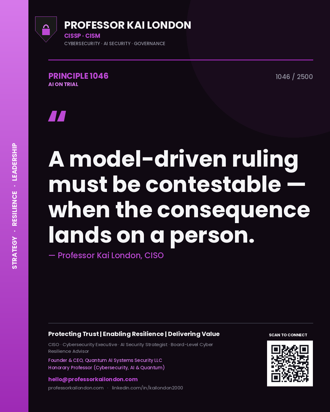 Quote card by Professor Kai London reading 'A model-driven ruling must be contestable — when the consequence lands on a person.'. From the book AI on Trial.