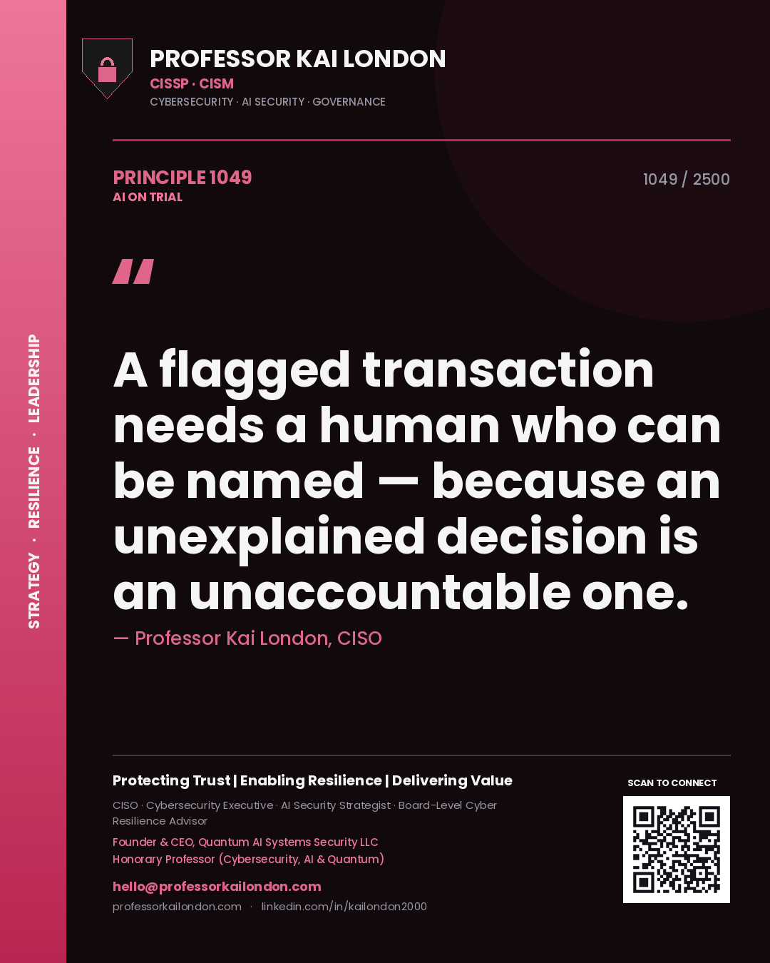 Professor Kai London principle 1049: A flagged transaction needs a human who can be named — because an unexplained decision is an unaccountable one.