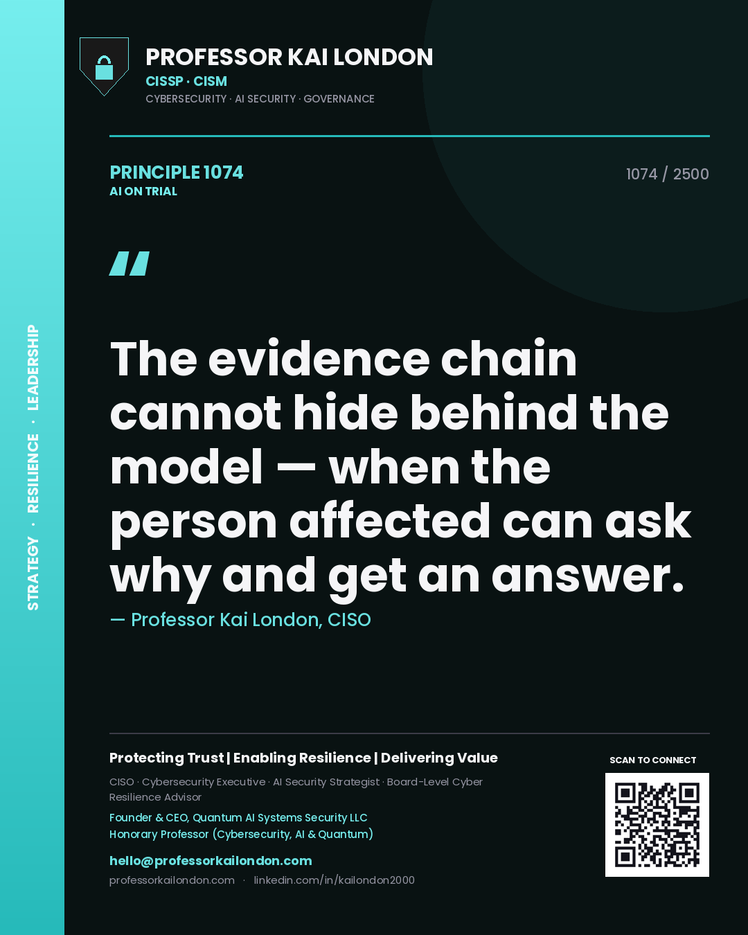 Professor Kai London principle 1074: The evidence chain cannot hide behind the model — when the person affected can ask why and get an answer.
