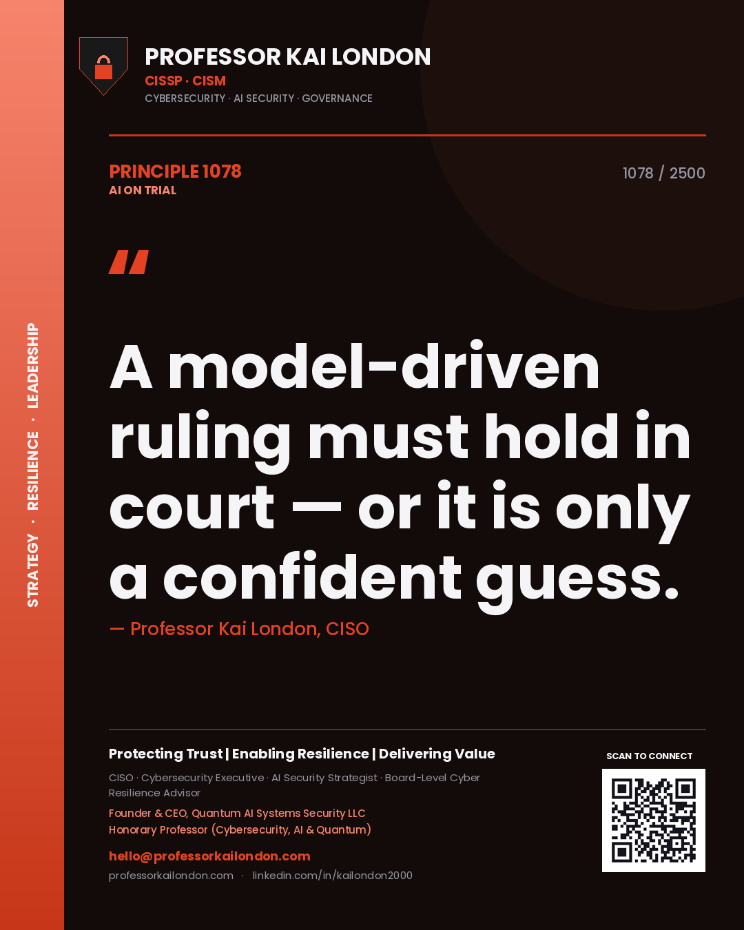 Quote card by Professor Kai London reading 'A model-driven ruling must hold in court — or it is only a confident guess.'. From the book AI on Trial.