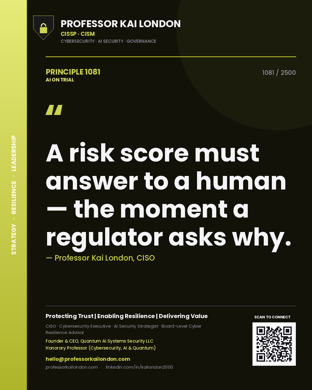 Professor Kai London principle 1081: A risk score must answer to a human — the moment a regulator asks why.