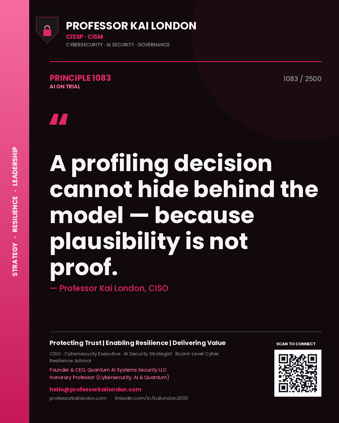 Quote card by Professor Kai London reading 'A profiling decision cannot hide behind the model — because plausibility is not proof.'. From the book AI on Trial.