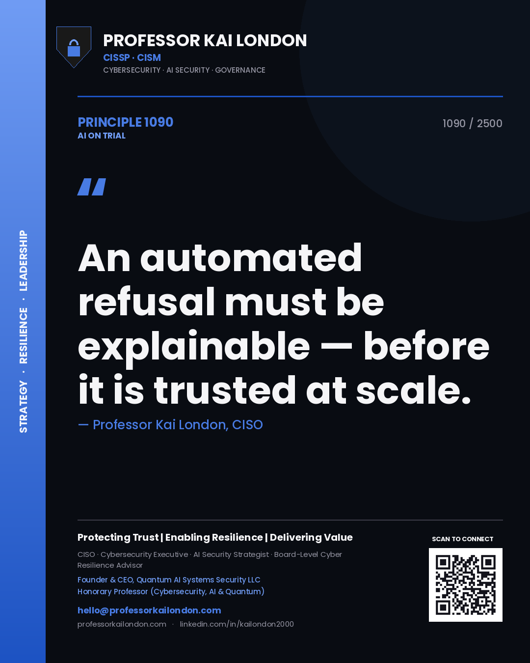 Quote card by Professor Kai London reading 'An automated refusal must be explainable — before it is trusted at scale.'. From the book AI on Trial.