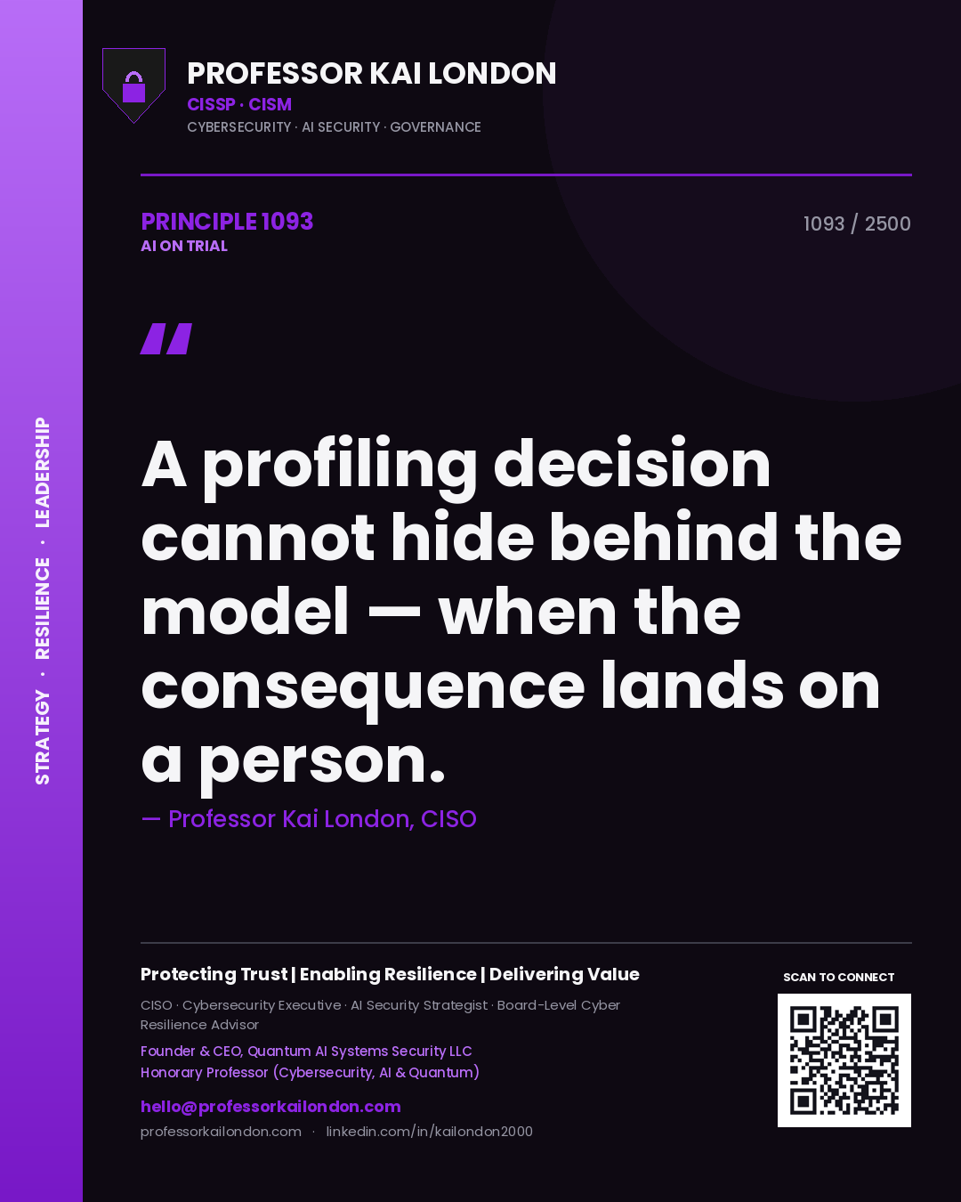 Professor Kai London principle 1093: A profiling decision cannot hide behind the model — when the consequence lands on a person.