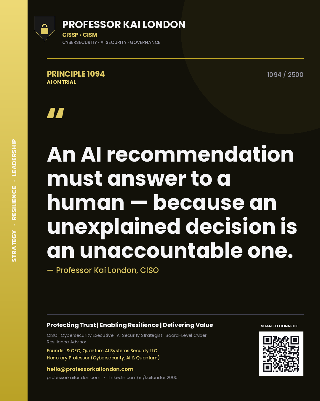 Professor Kai London principle 1094: An AI recommendation must answer to a human — because an unexplained decision is an unaccountable one.