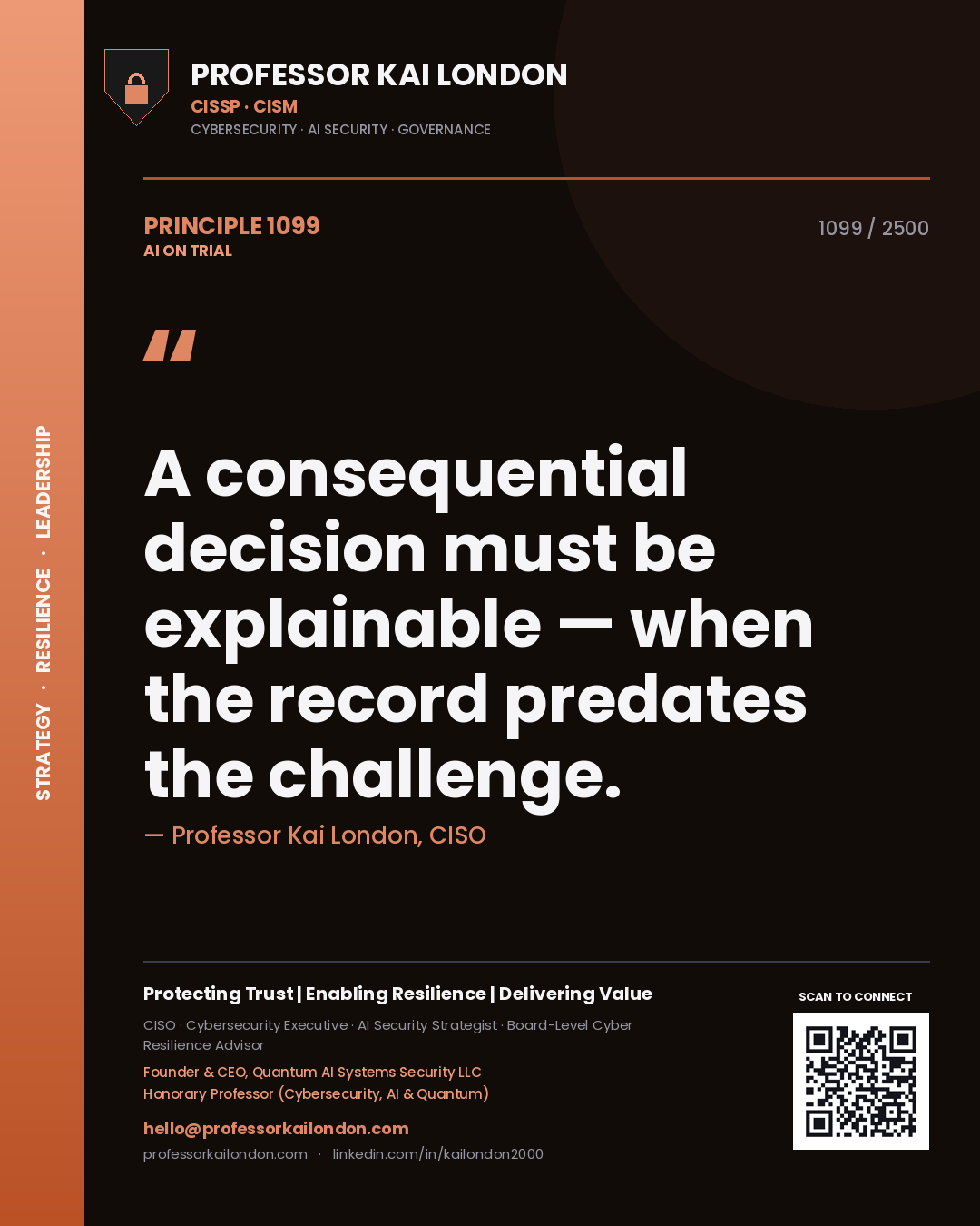 Quote card by Professor Kai London reading 'A consequential decision must be explainable — when the record predates the challenge.'. From the book AI on Trial.