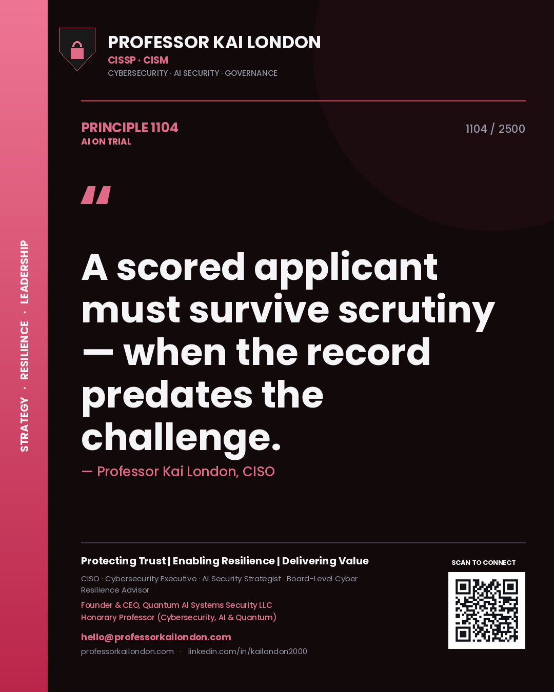 Quote card by Professor Kai London reading 'A scored applicant must survive scrutiny — when the record predates the challenge.'. From the book AI on Trial.