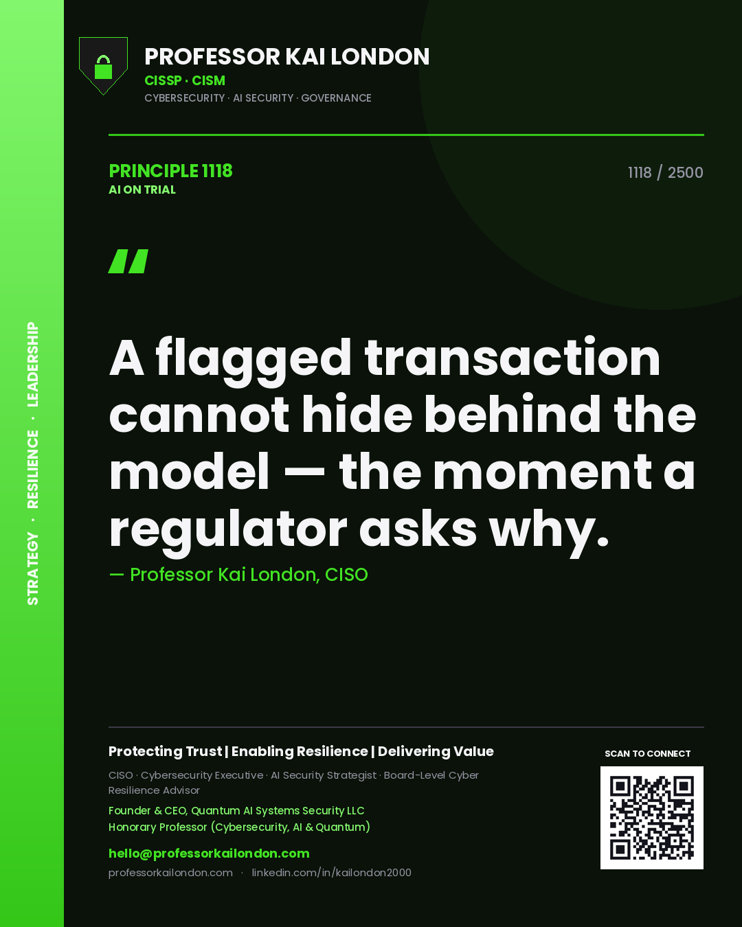 Professor Kai London principle 1118: A flagged transaction cannot hide behind the model — the moment a regulator asks why.