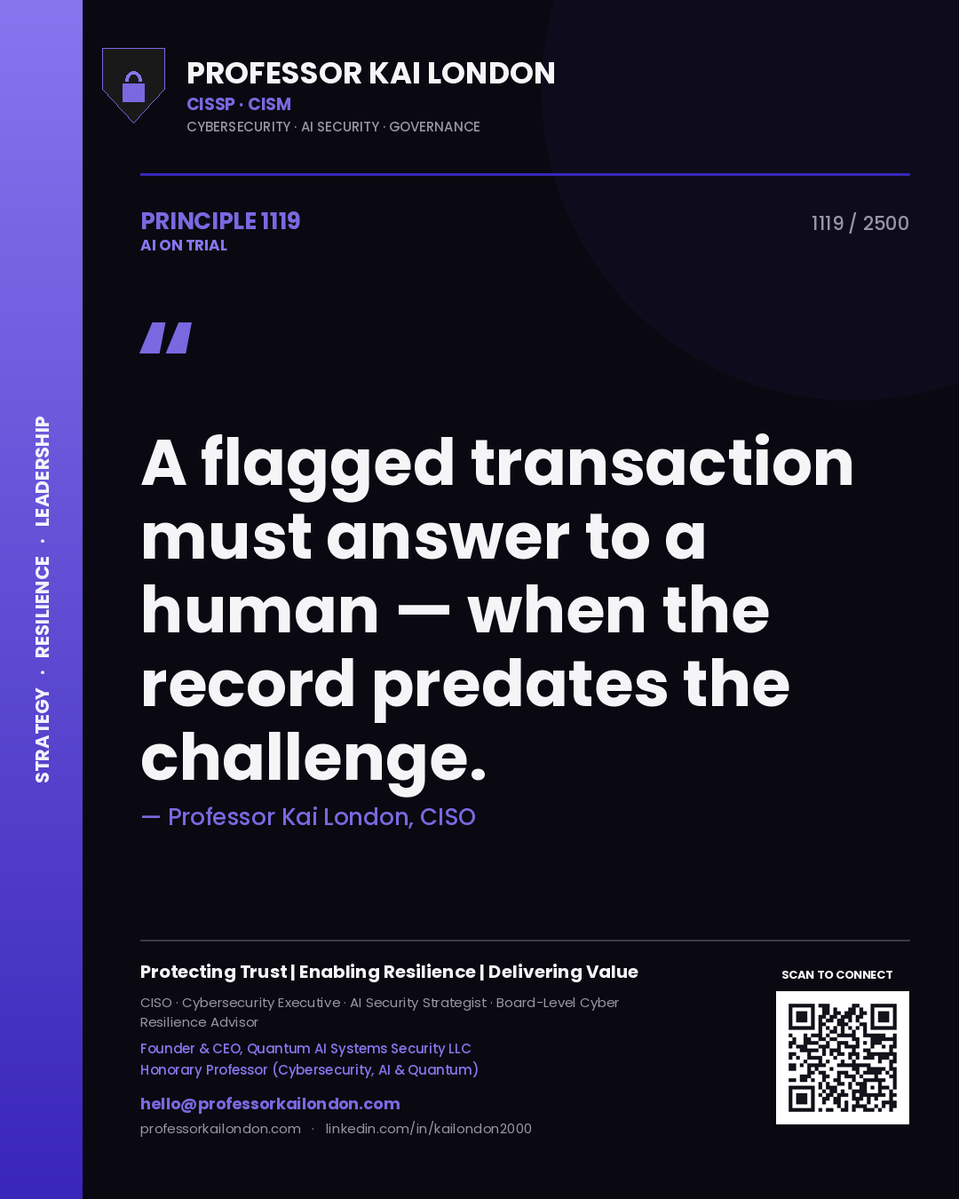Professor Kai London principle 1119: A flagged transaction must answer to a human — when the record predates the challenge.