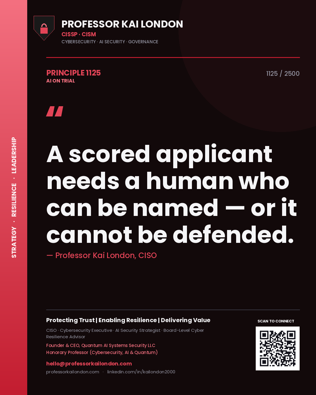 Quote card by Professor Kai London reading 'A scored applicant needs a human who can be named — or it cannot be defended.'. From the book AI on Trial.