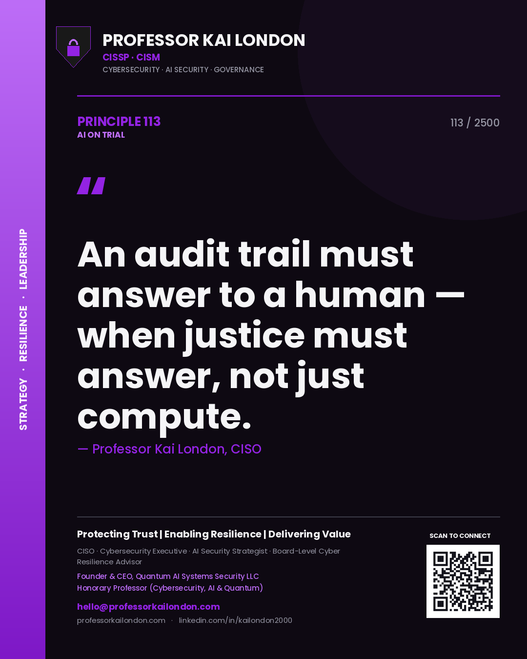 Quote card by Professor Kai London reading 'An audit trail must answer to a human — when justice must answer, not just compute.'. From the book AI on Trial.