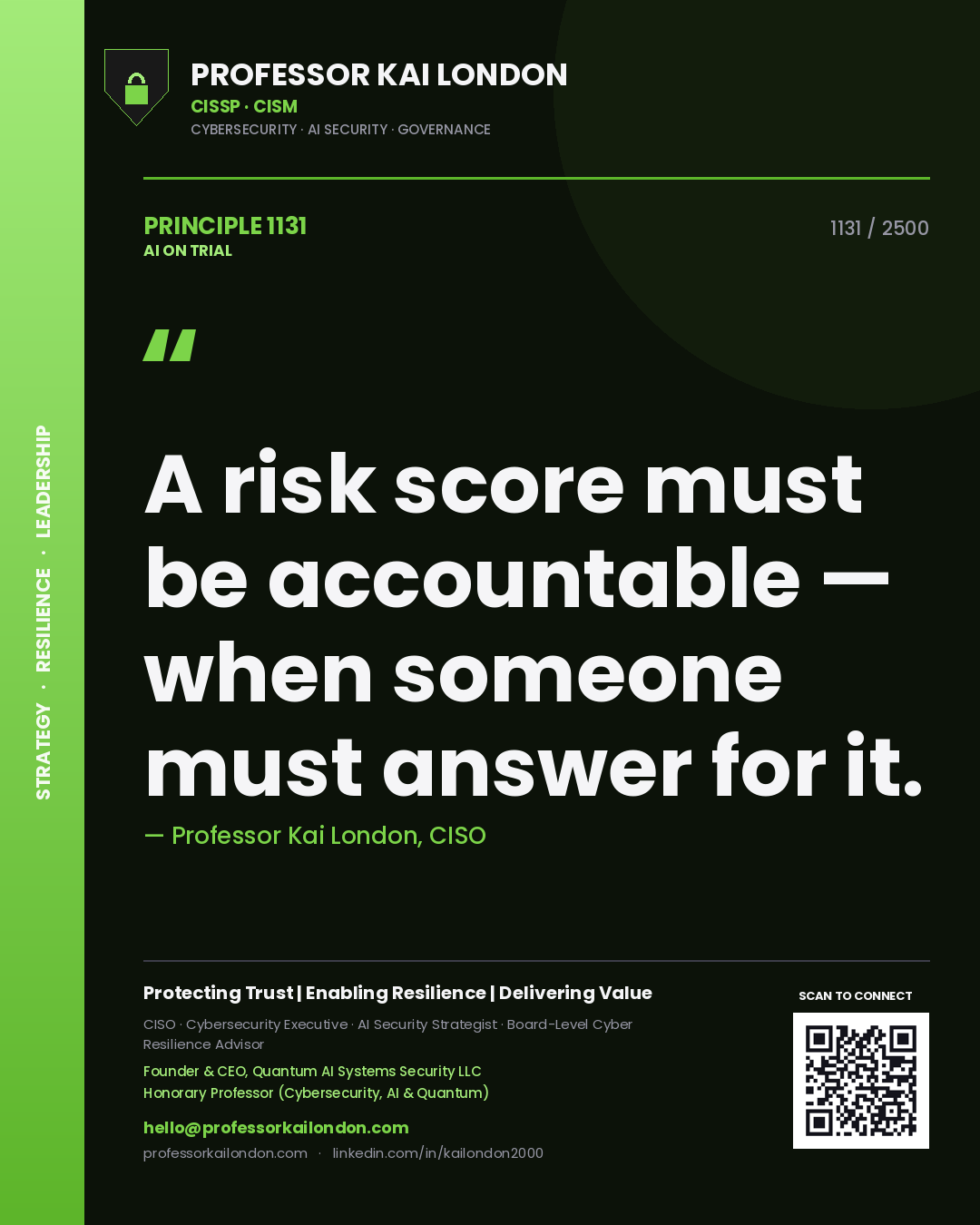 Quote card by Professor Kai London reading 'A risk score must be accountable — when someone must answer for it.'. From the book AI on Trial.