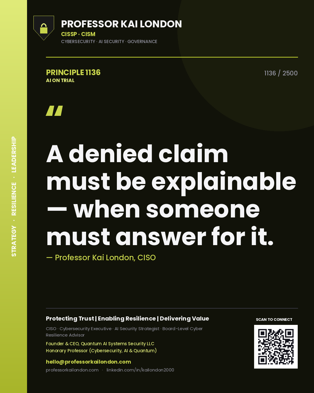 Quote card by Professor Kai London reading 'A denied claim must be explainable — when someone must answer for it.'. From the book AI on Trial.
