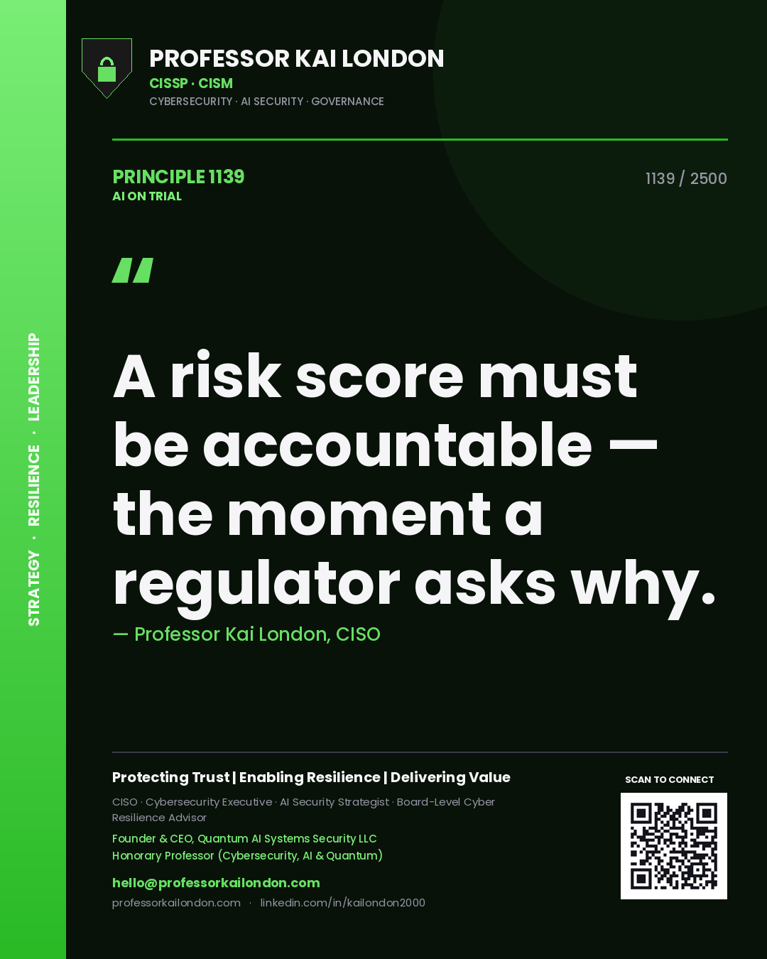 Quote card by Professor Kai London reading 'A risk score must be accountable — the moment a regulator asks why.'. From the book AI on Trial.