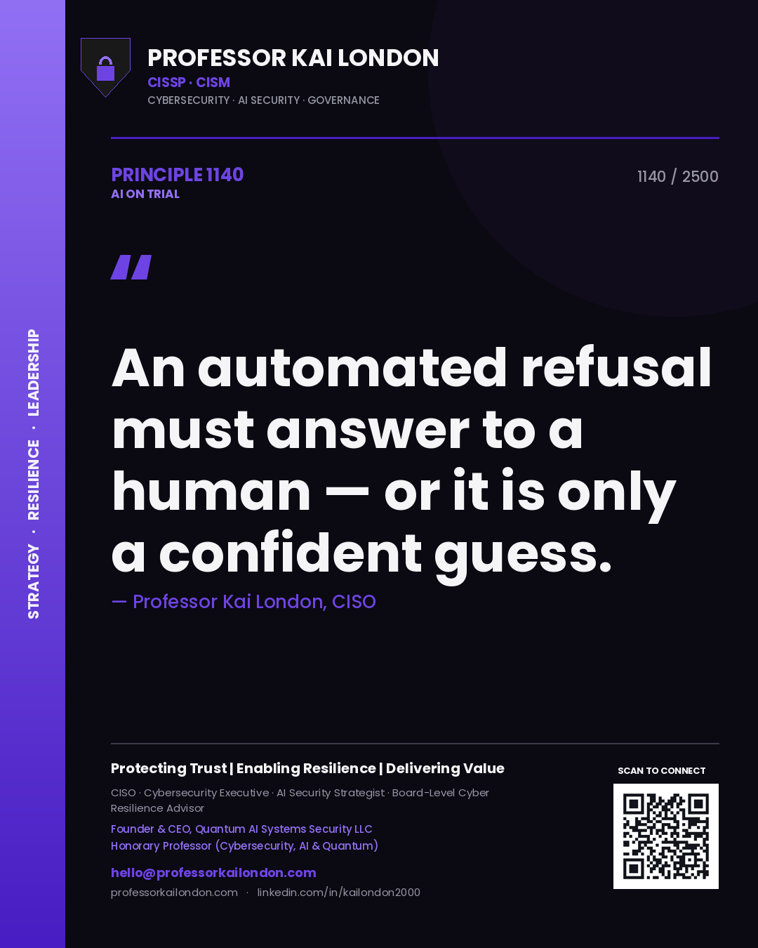 Professor Kai London principle 1140: An automated refusal must answer to a human — or it is only a confident guess.