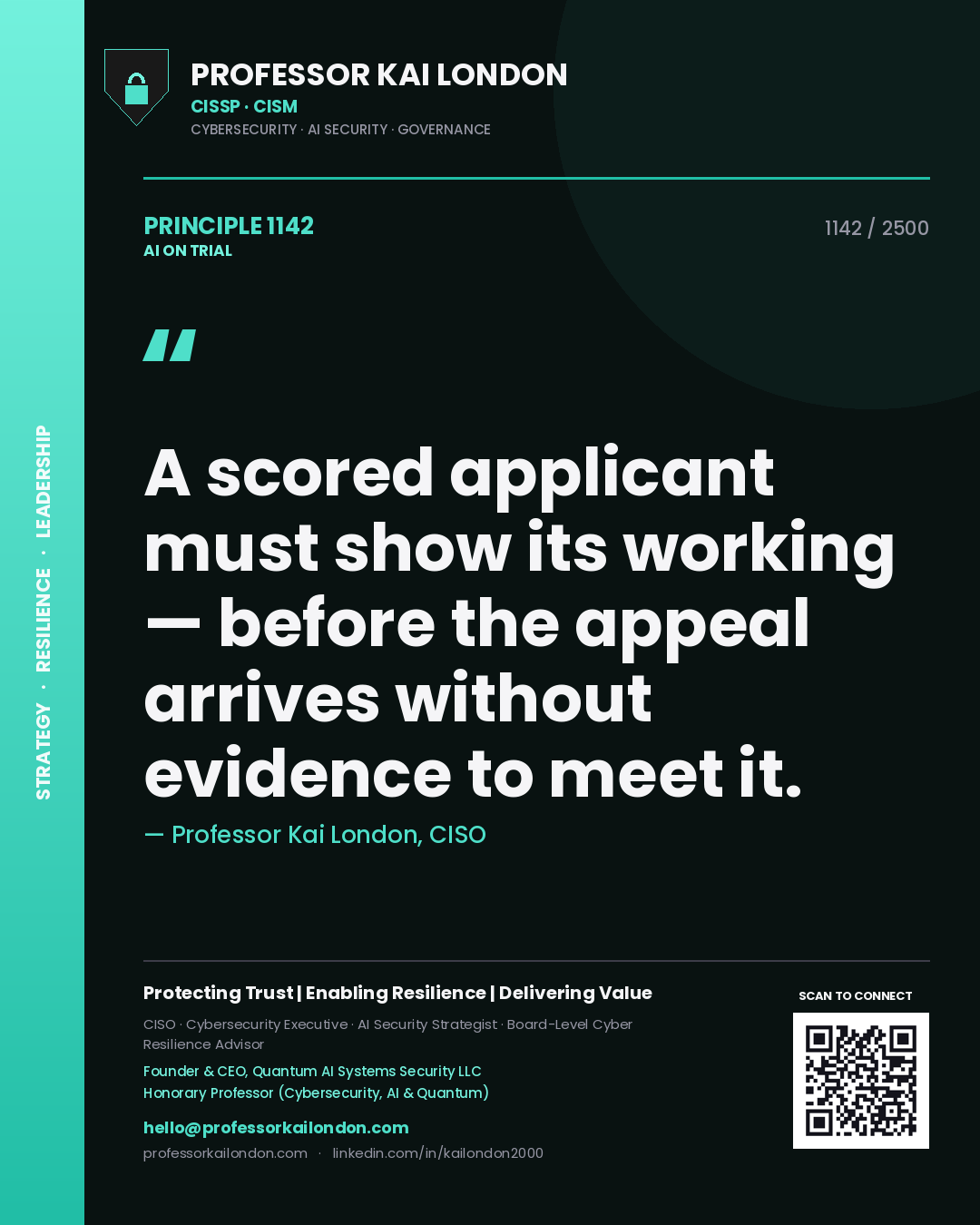 Professor Kai London principle 1142: A scored applicant must show its working — before the appeal arrives without evidence to meet it.