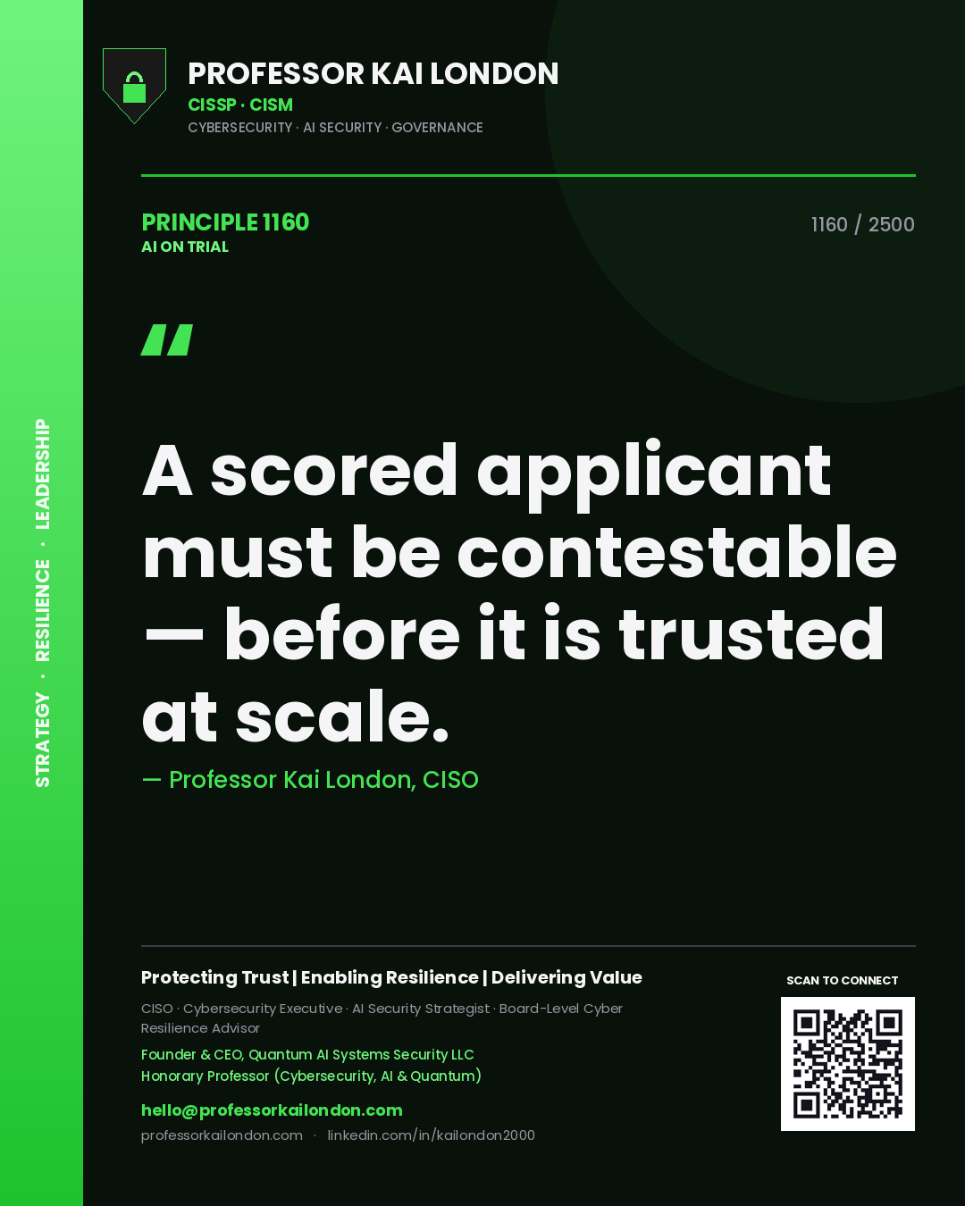Quote card by Professor Kai London reading 'A scored applicant must be contestable — before it is trusted at scale.'. From the book AI on Trial.