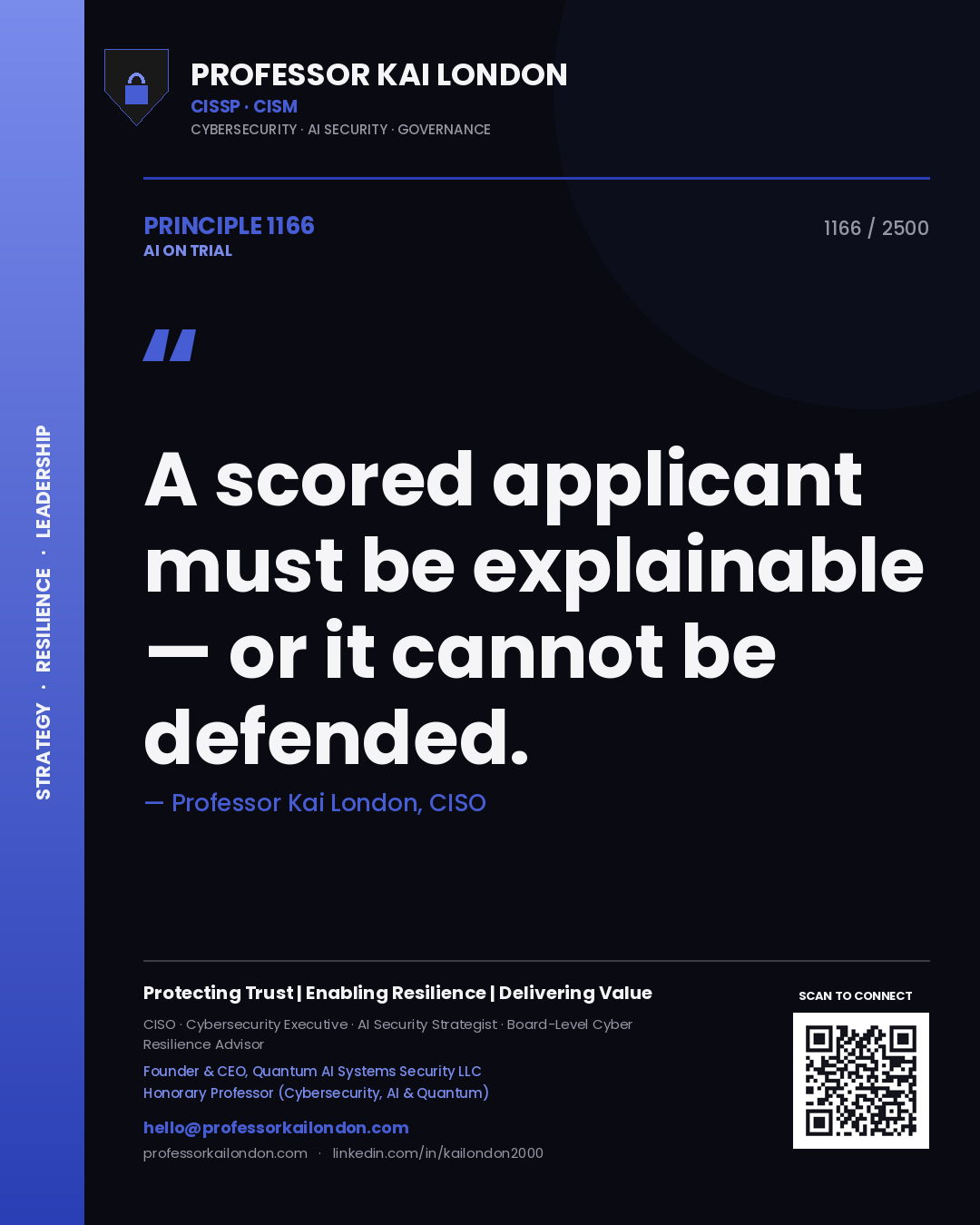 Professor Kai London principle 1166: A scored applicant must be explainable — or it cannot be defended.