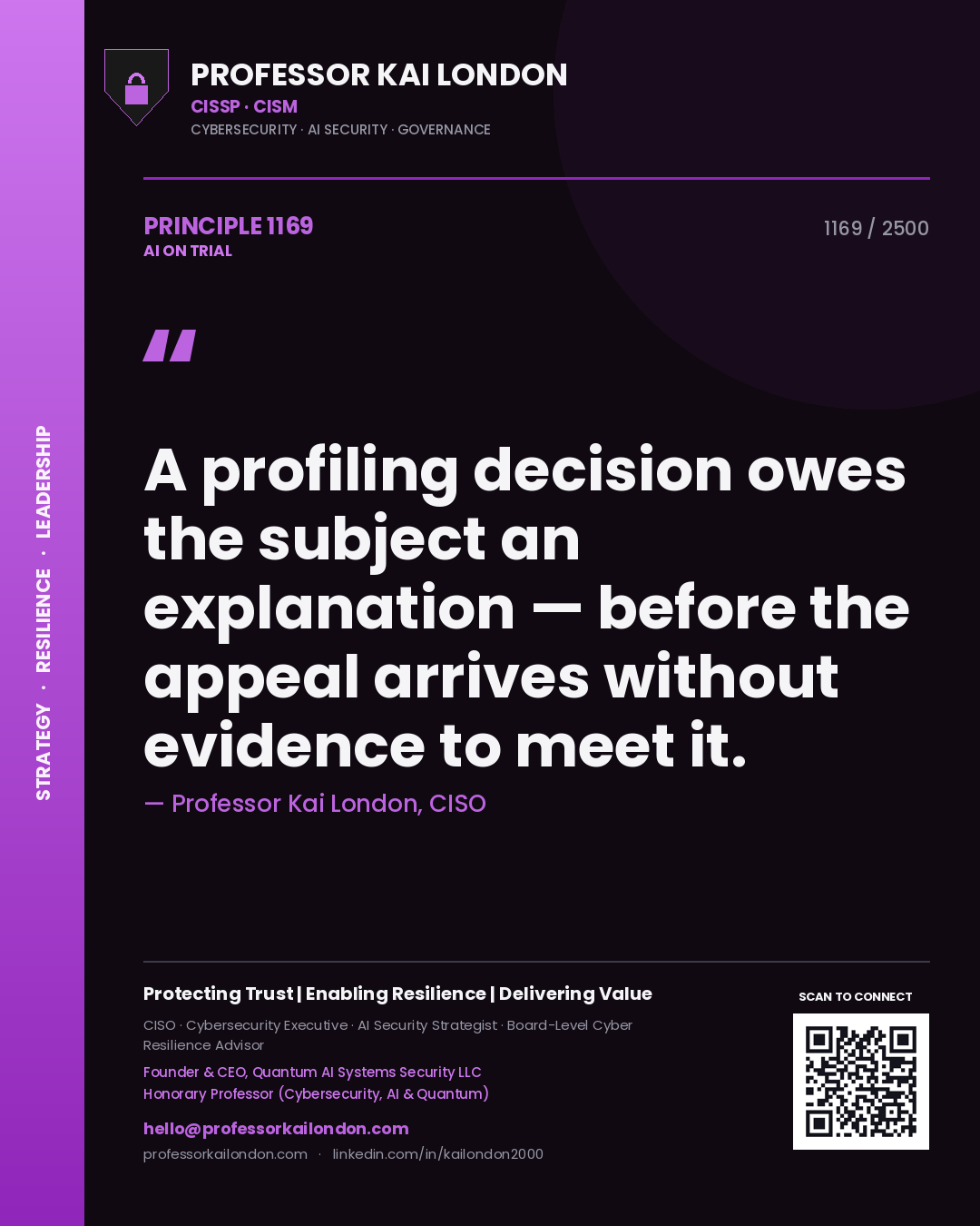 Quote card by Professor Kai London reading 'A profiling decision owes the subject an explanation — before the appeal arrives without evidence to meet it.'. From the book AI on Trial.