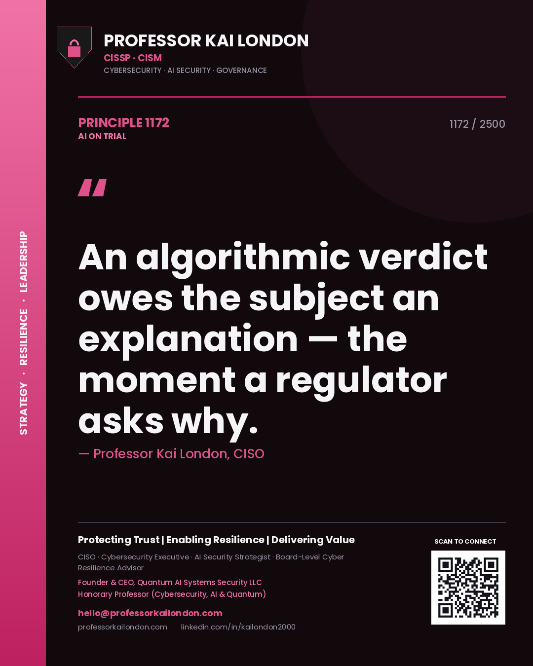 Professor Kai London principle 1172: An algorithmic verdict owes the subject an explanation — the moment a regulator asks why.