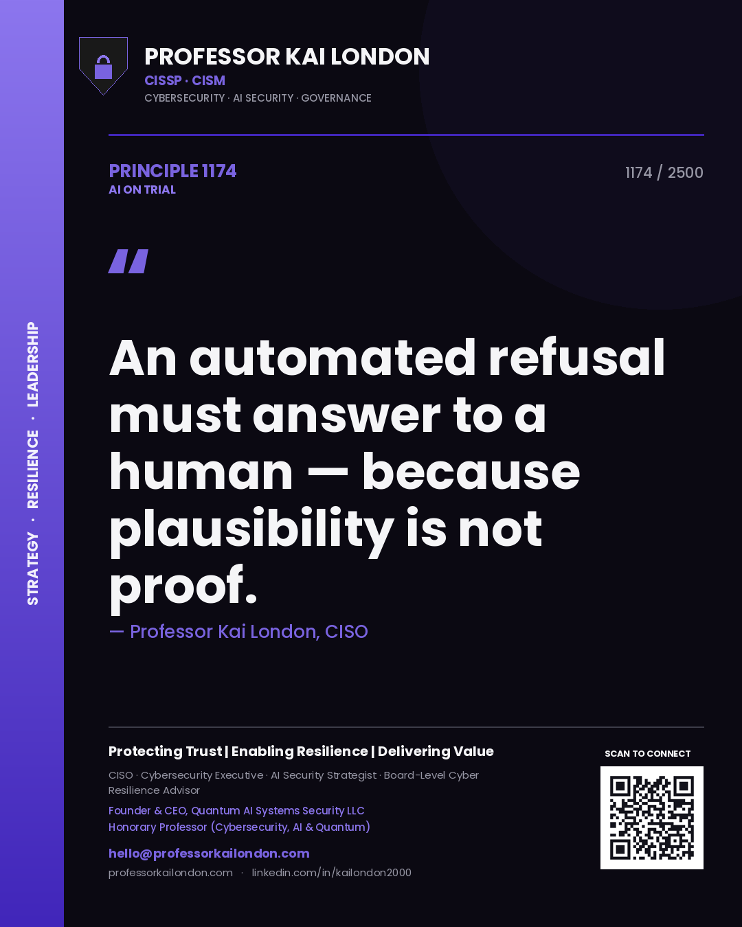 Quote card by Professor Kai London reading 'An automated refusal must answer to a human — because plausibility is not proof.'. From the book AI on Trial.