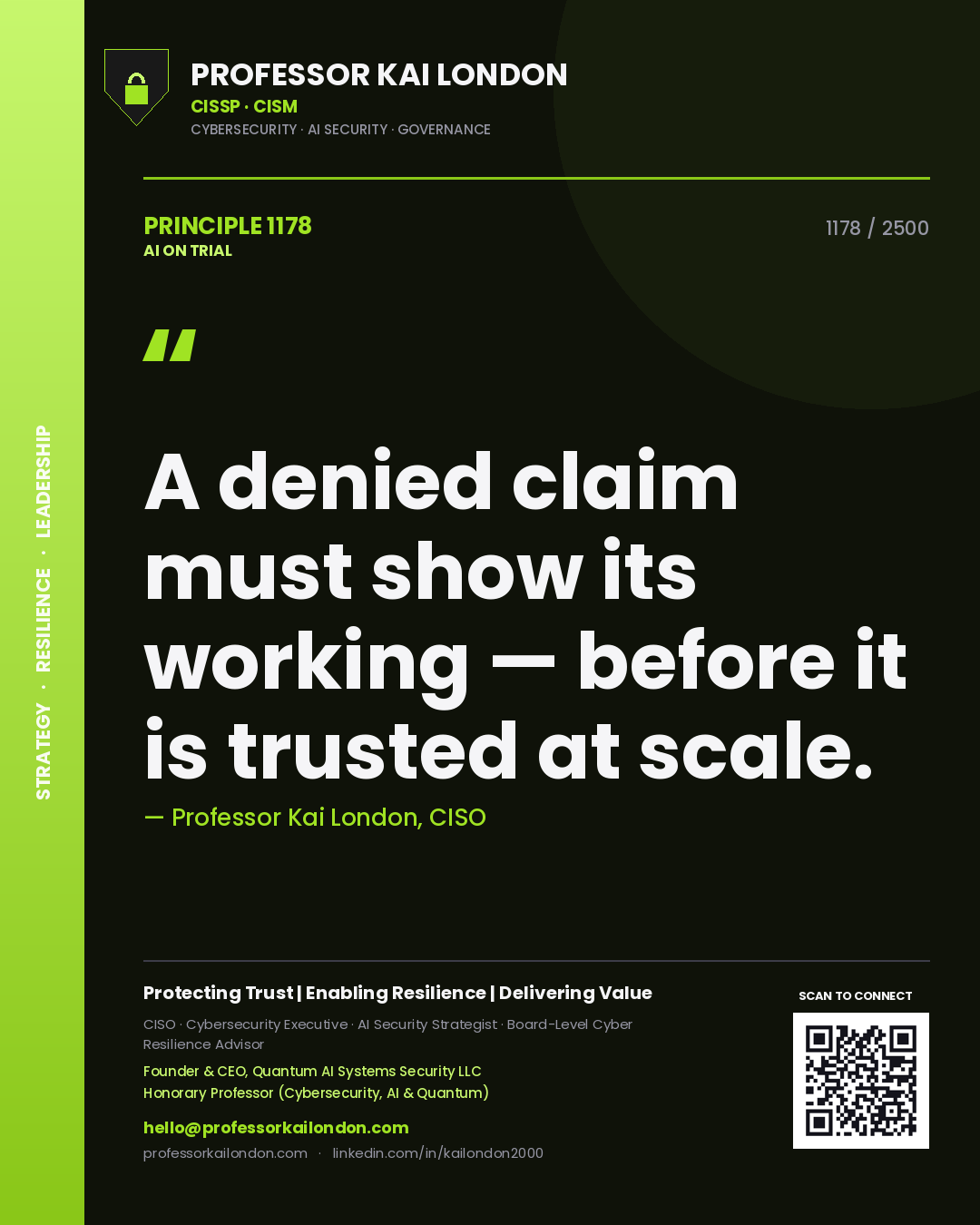 Quote card by Professor Kai London reading 'A denied claim must show its working — before it is trusted at scale.'. From the book AI on Trial.