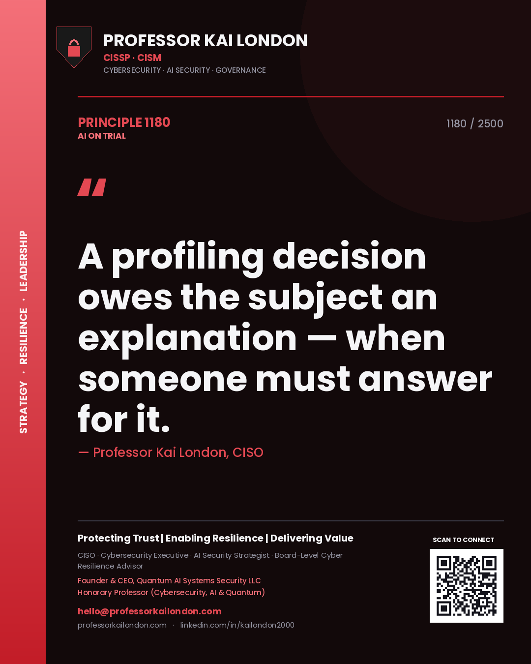 Quote card by Professor Kai London reading 'A profiling decision owes the subject an explanation — when someone must answer for it.'. From the book AI on Trial.