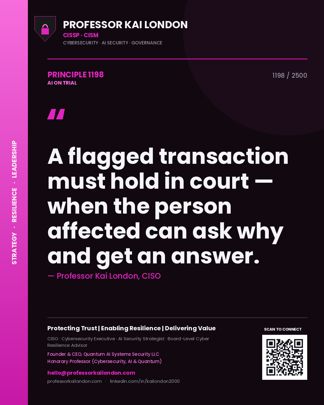 Professor Kai London principle 1198: A flagged transaction must hold in court — when the person affected can ask why and get an answer.