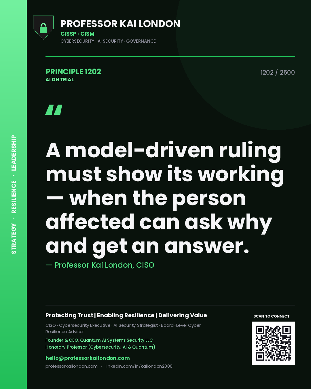 Quote card by Professor Kai London reading 'A model-driven ruling must show its working — when the person affected can ask why and get an answer.'. From the book AI on Trial.