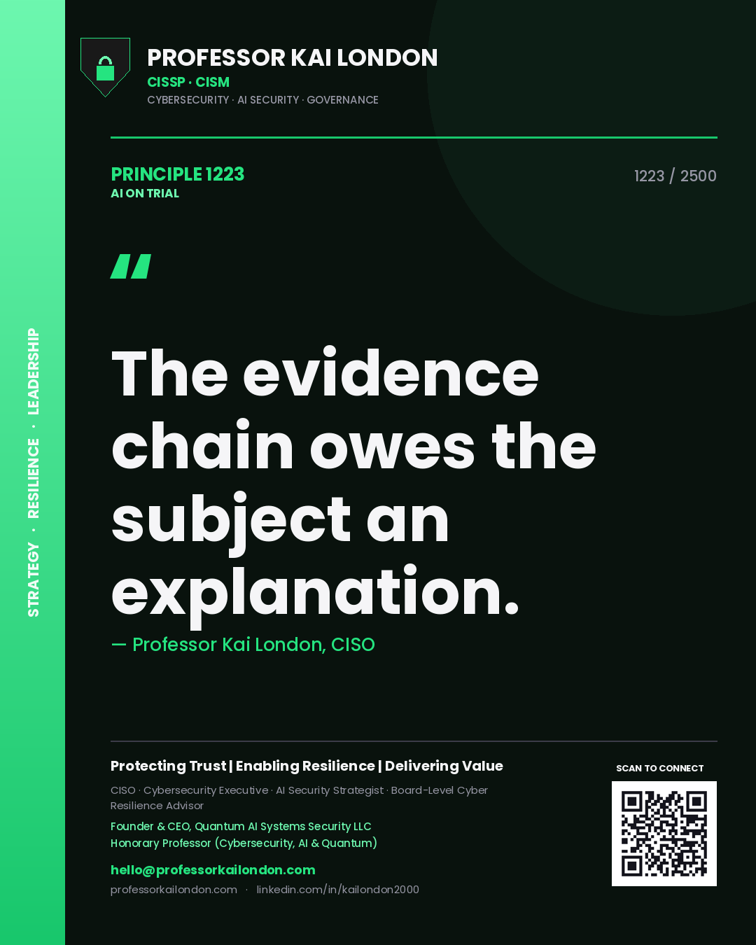 Quote card by Professor Kai London reading 'The evidence chain owes the subject an explanation.'. From the book AI on Trial.