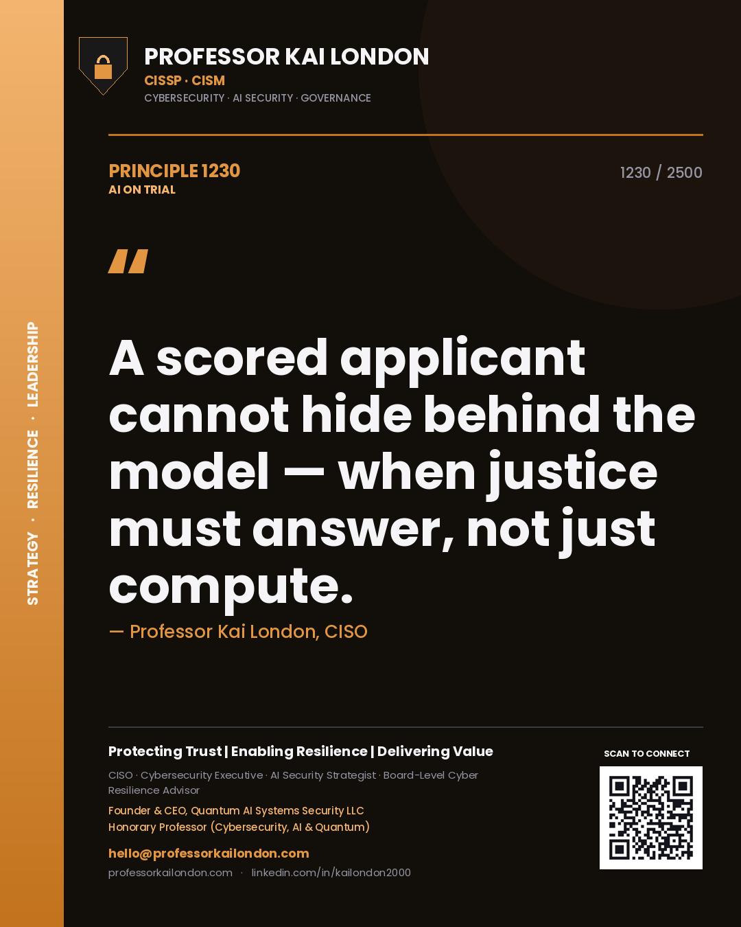 Professor Kai London principle 1230: A scored applicant cannot hide behind the model — when justice must answer, not just compute.