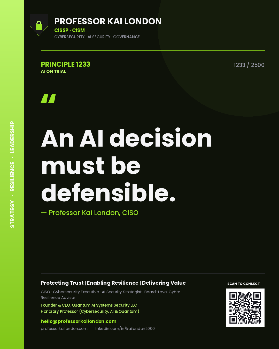 Quote card by Professor Kai London reading 'An AI decision must be defensible.'. From the book AI on Trial.