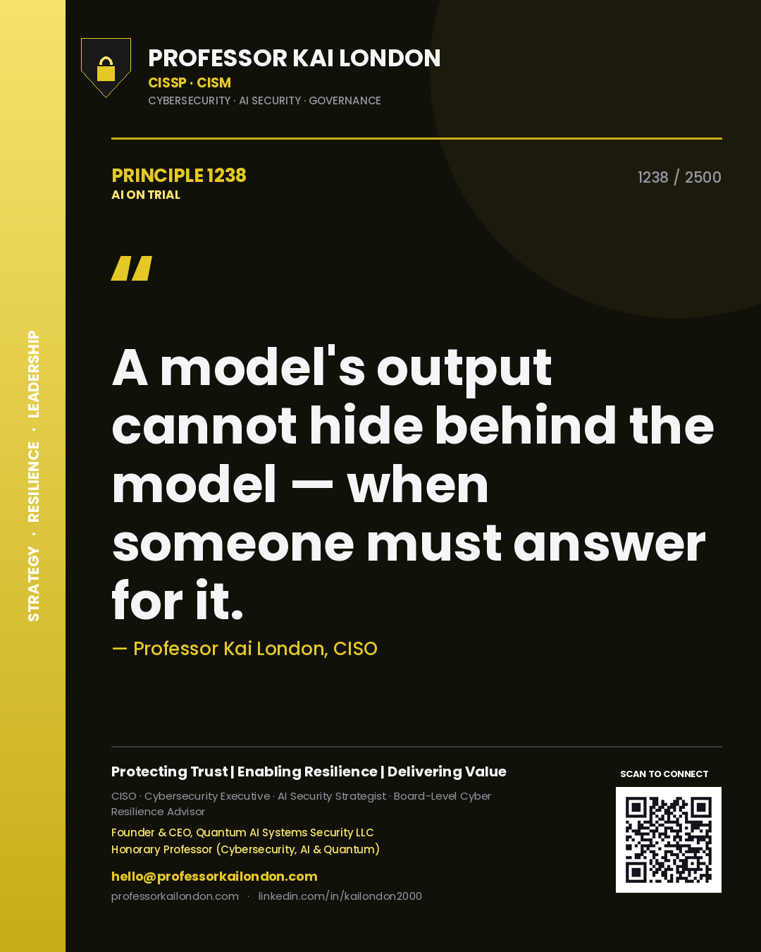 Quote card by Professor Kai London reading 'A model's output cannot hide behind the model — when someone must answer for it.'. From the book AI on Trial.