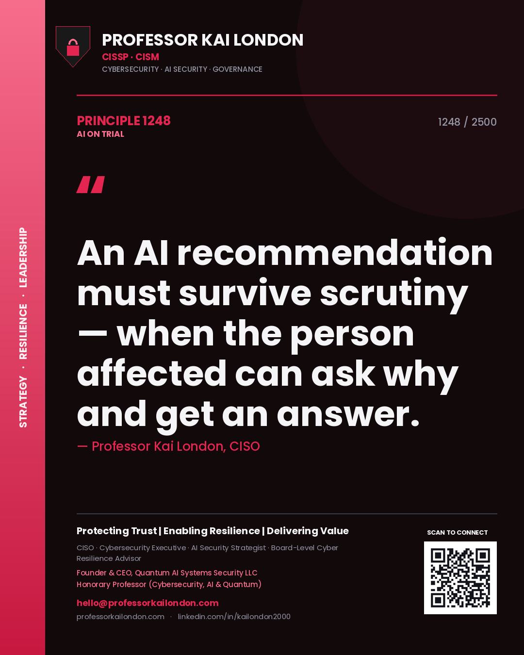 Quote card by Professor Kai London reading 'An AI recommendation must survive scrutiny — when the person affected can ask why and get an answer.'. From the book AI on Trial.