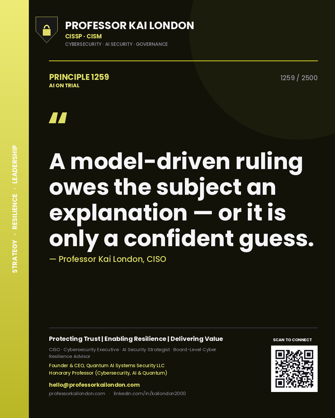 Quote card by Professor Kai London reading 'A model-driven ruling owes the subject an explanation — or it is only a confident guess.'. From the book AI on Trial.