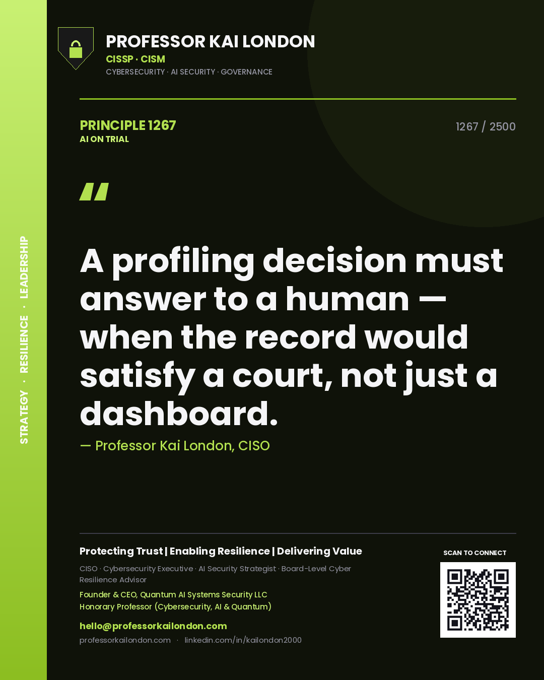Quote card by Professor Kai London reading 'A profiling decision must answer to a human — when the record would satisfy a court, not just a dashboard.'. From the book AI on Trial.