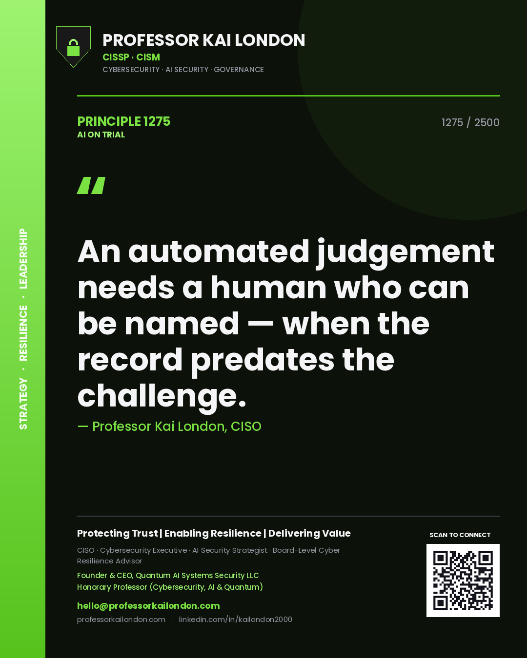Professor Kai London principle 1275: An automated judgement needs a human who can be named — when the record predates the challenge.